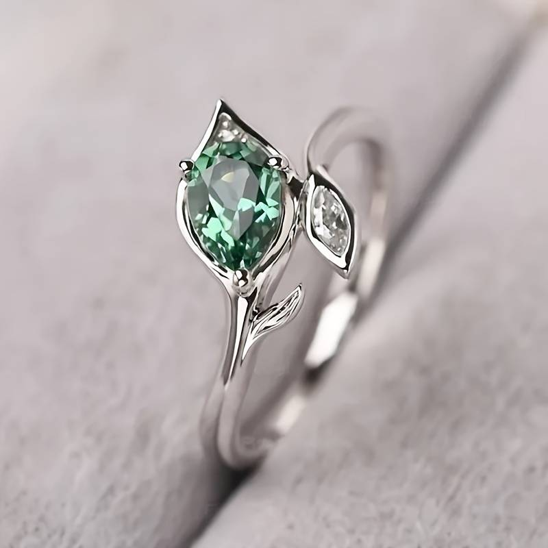 BAGUE FEUILLE RAFFINÉE CRISTAL VERT CÉLESTE